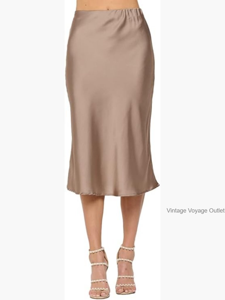 High Waist Satin Midi Skirt Elastic Waistband A-Line Flared
